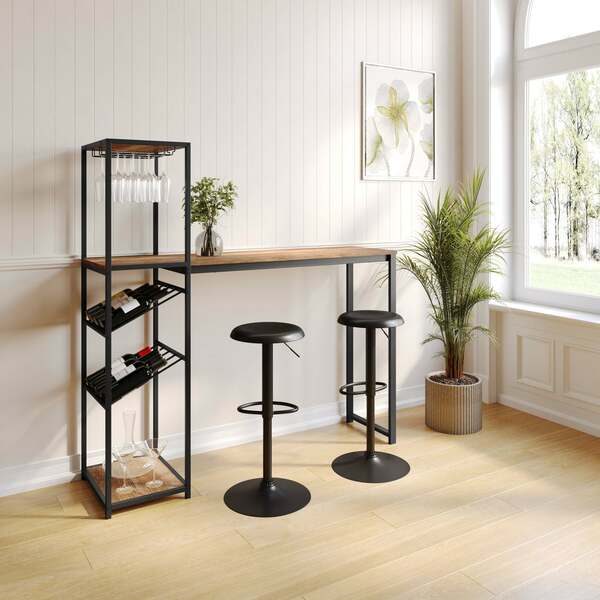 Flash Furniture Jura Metal Bar and Wine Table w/2 Slanted Shelves for Bottle Storage and Hanging Glass, Black Frame NAN-F-HY-B23102-BLKBRN-GG